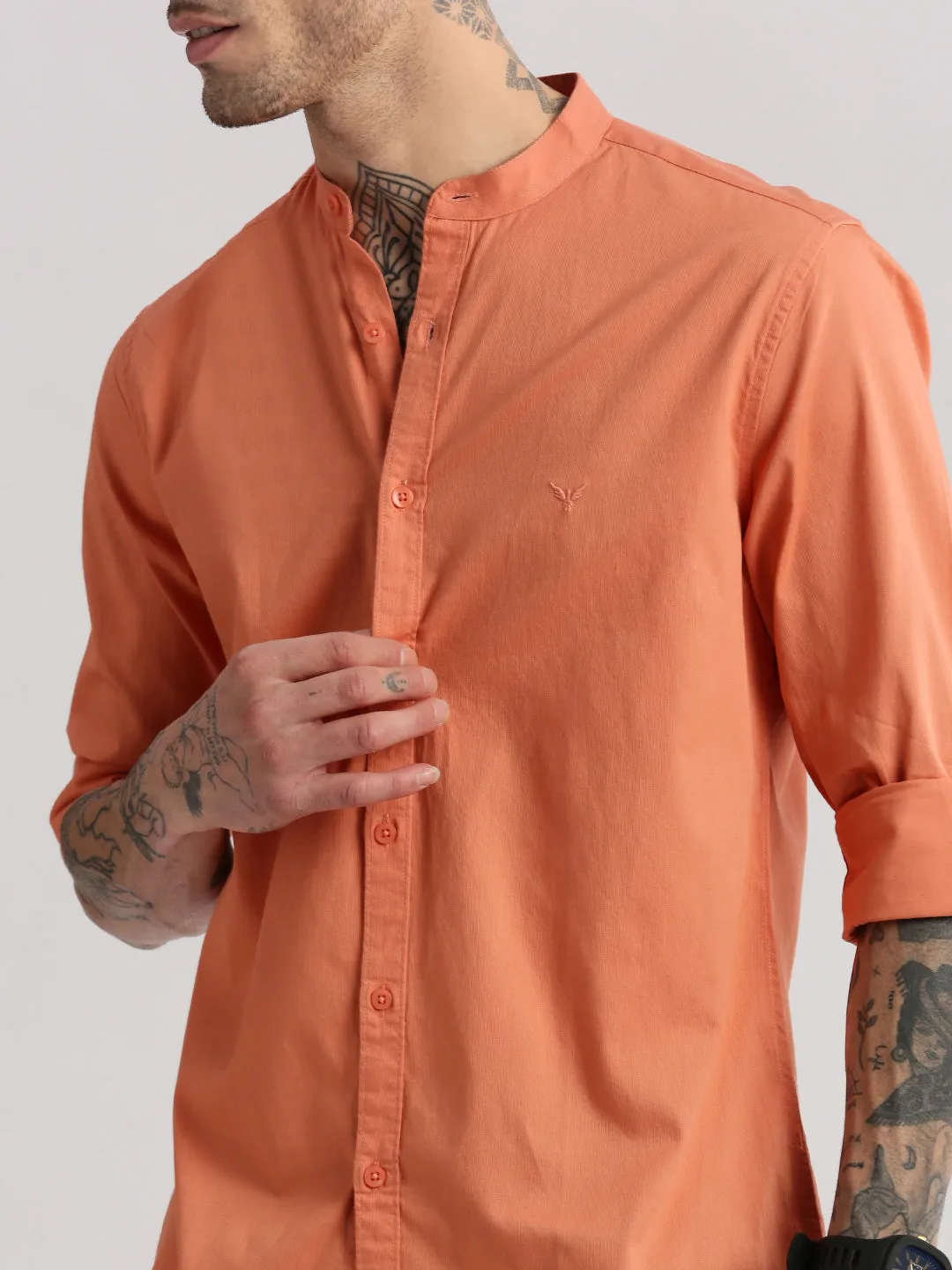 Men Mandarin Collar Solid Orange Casual Shirt