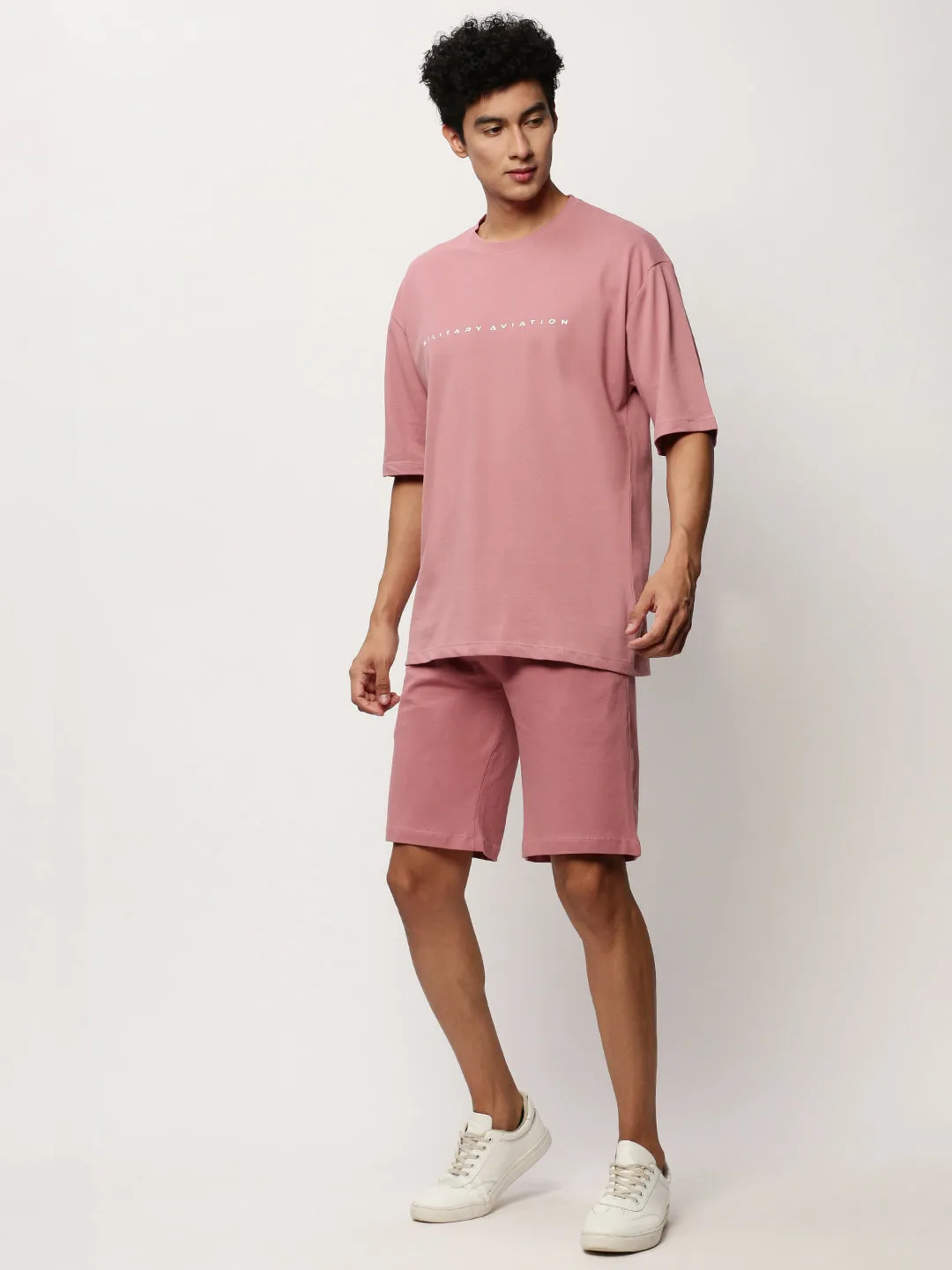 Men Mauve Round Neck T-Shirt & Shorts Co ords Set