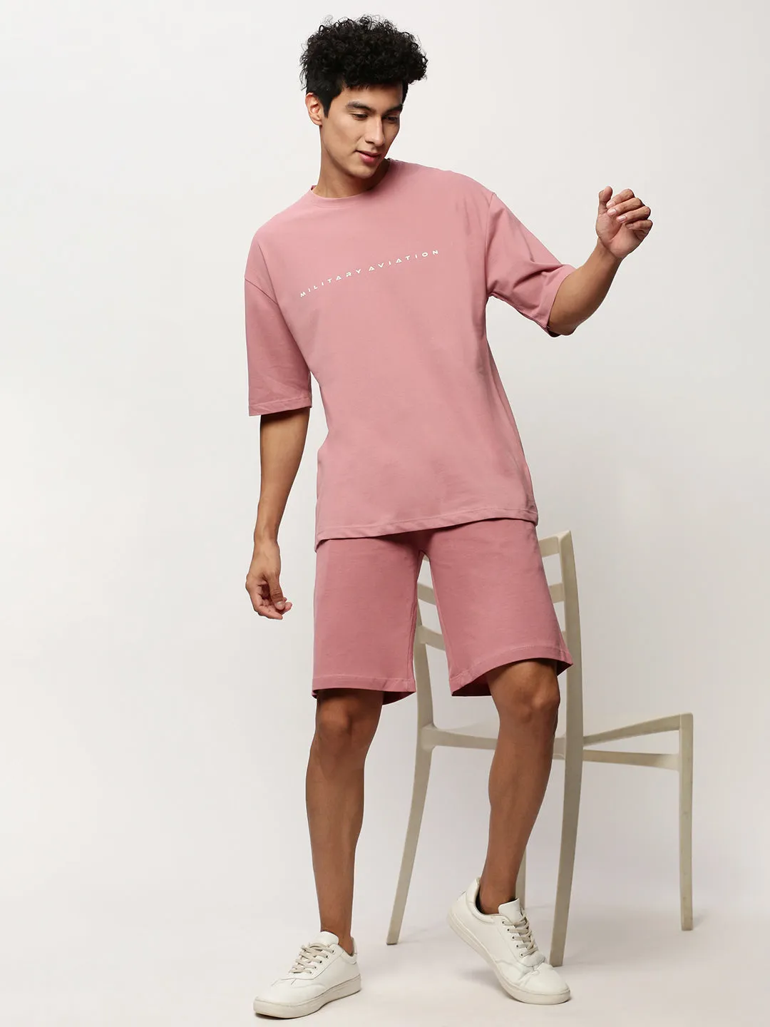 Men Mauve Round Neck T-Shirt & Shorts Co ords Set