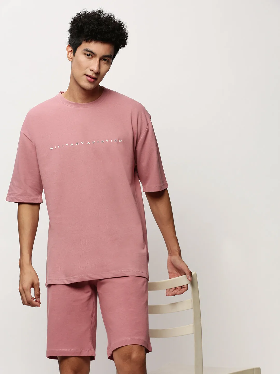 Men Mauve Round Neck T-Shirt & Shorts Co ords Set