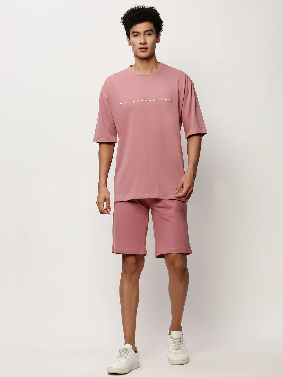 Men Mauve Round Neck T-Shirt & Shorts Co ords Set