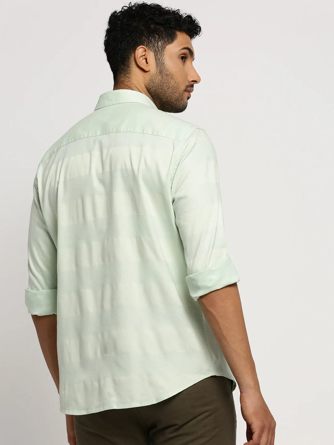 Men Sea Green Striped Premium Casual Shirt
