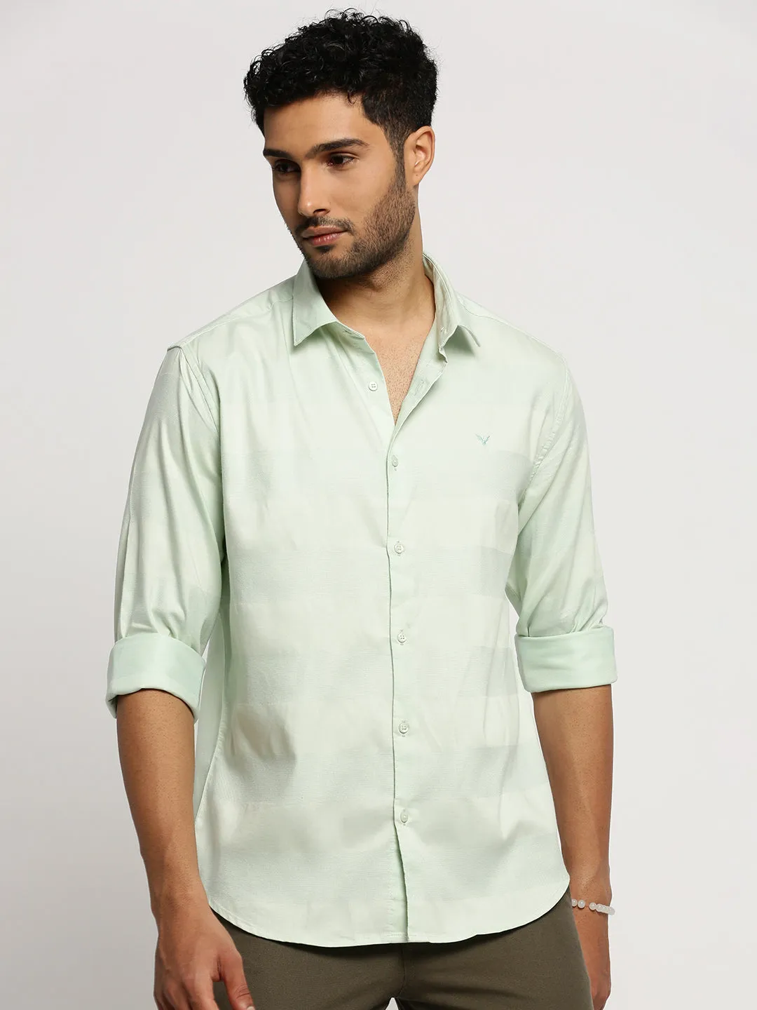Men Sea Green Striped Premium Casual Shirt
