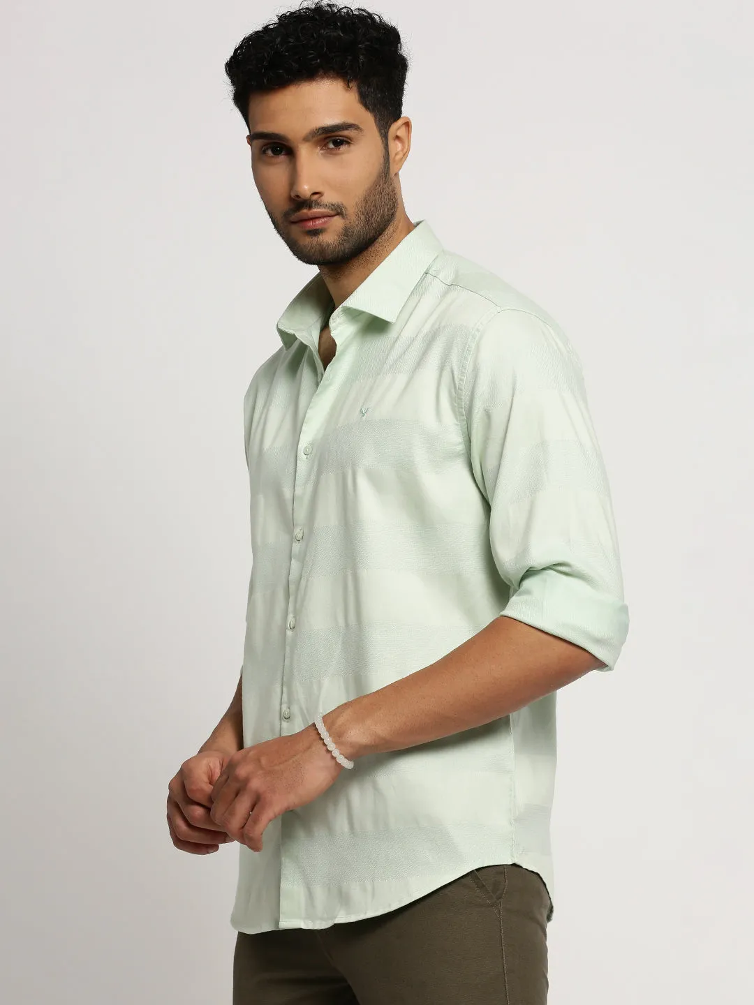 Men Sea Green Striped Premium Casual Shirt