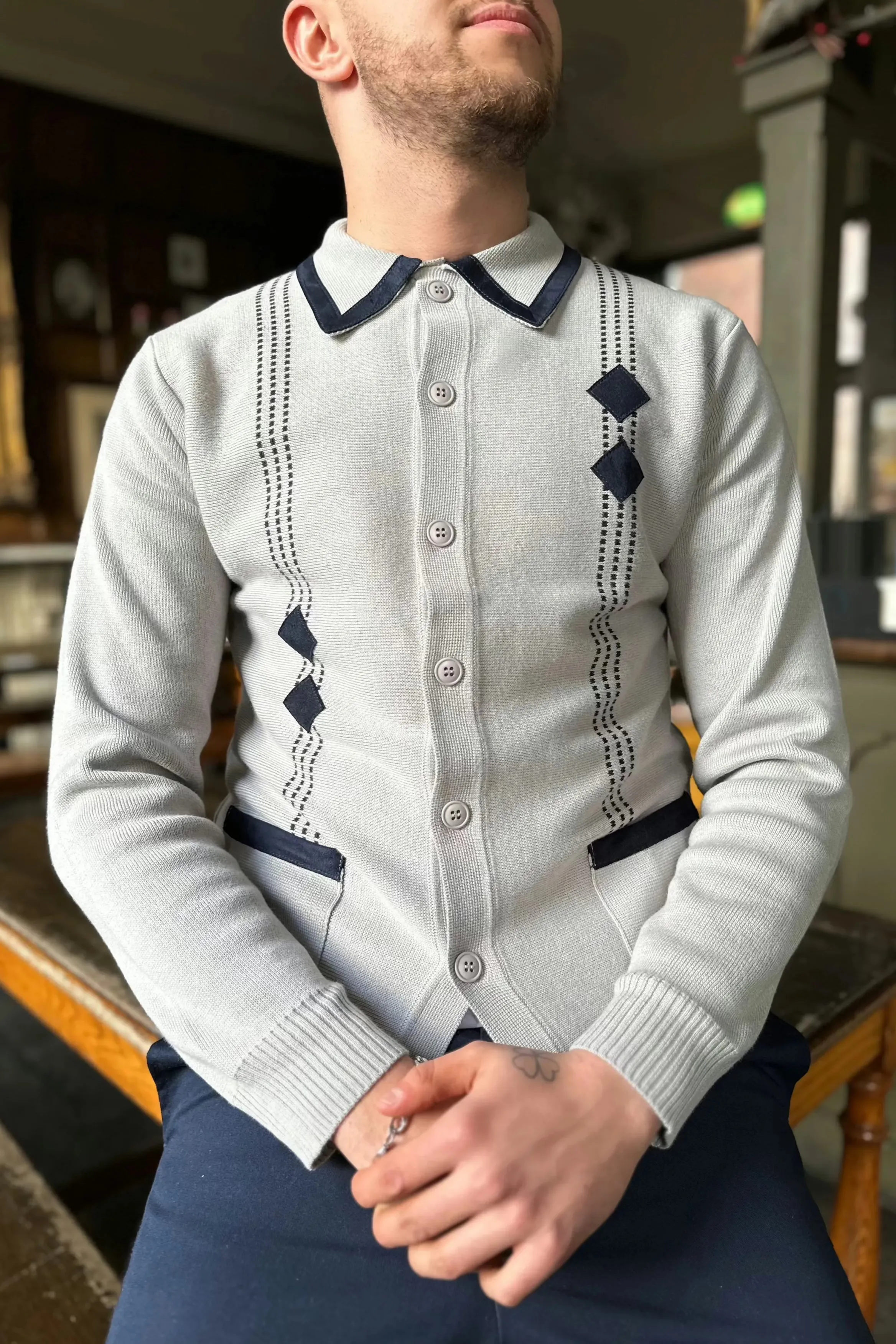 Mr Bridger - Archive Diamond Dove Grey Long Sleeve - Polo Knit