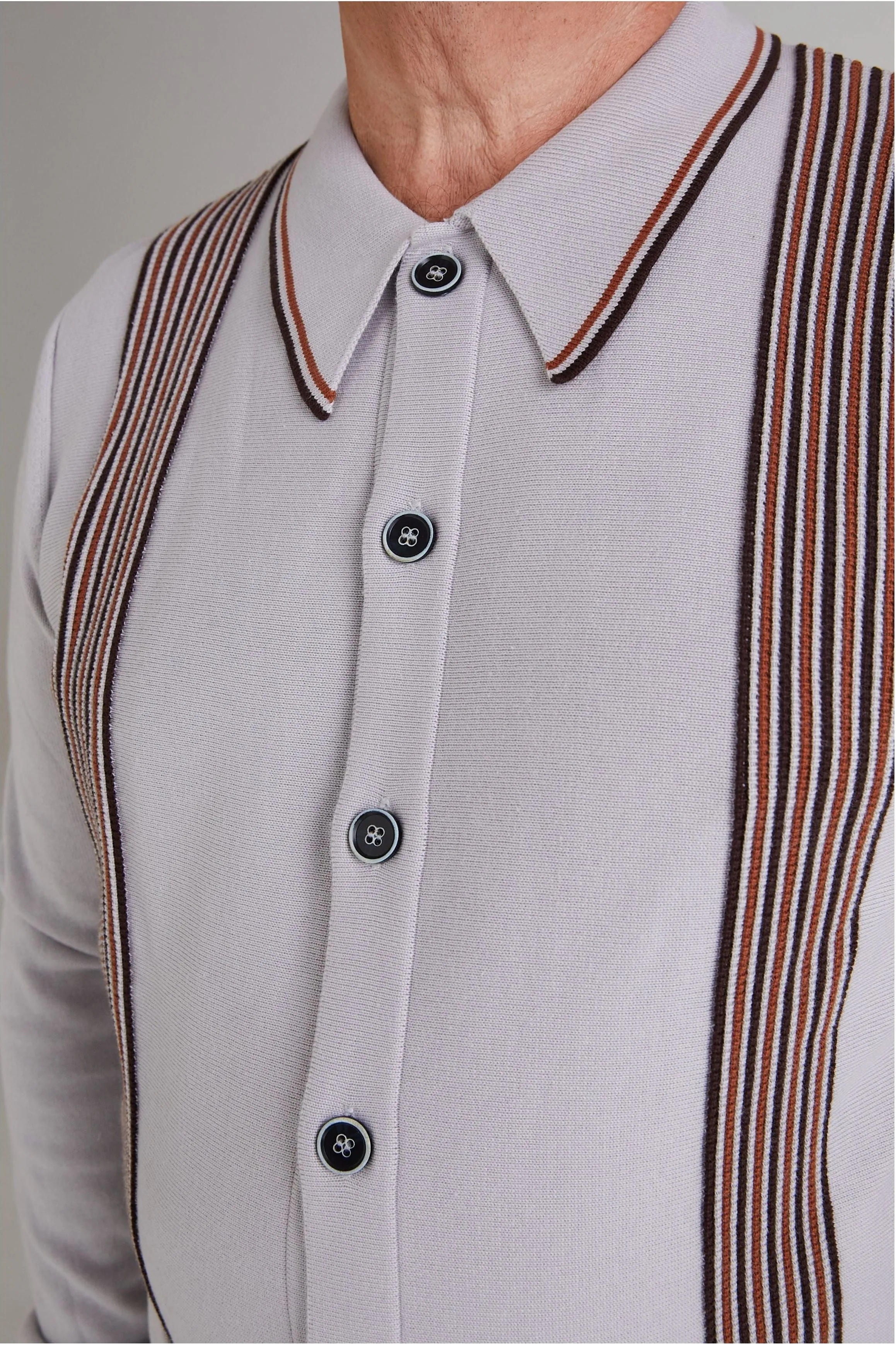 Mr Bridger - 'Augustus' Stone, Amber & Chocolate Border Stripe L/S - Polo Knit