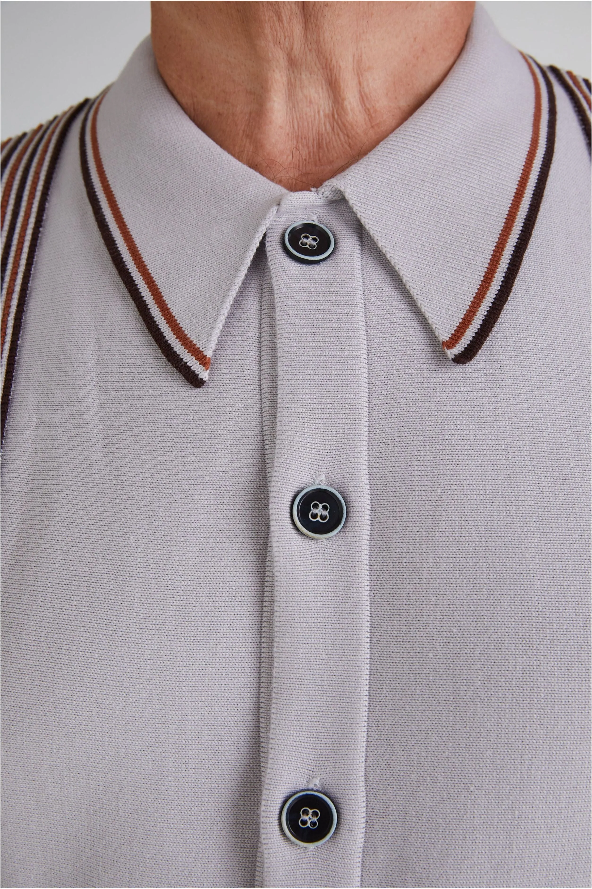 Mr Bridger - 'Augustus' Stone, Amber & Chocolate Border Stripe L/S - Polo Knit