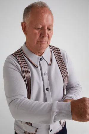 Mr Bridger - 'Augustus' Stone, Amber & Chocolate Border Stripe L/S - Polo Knit