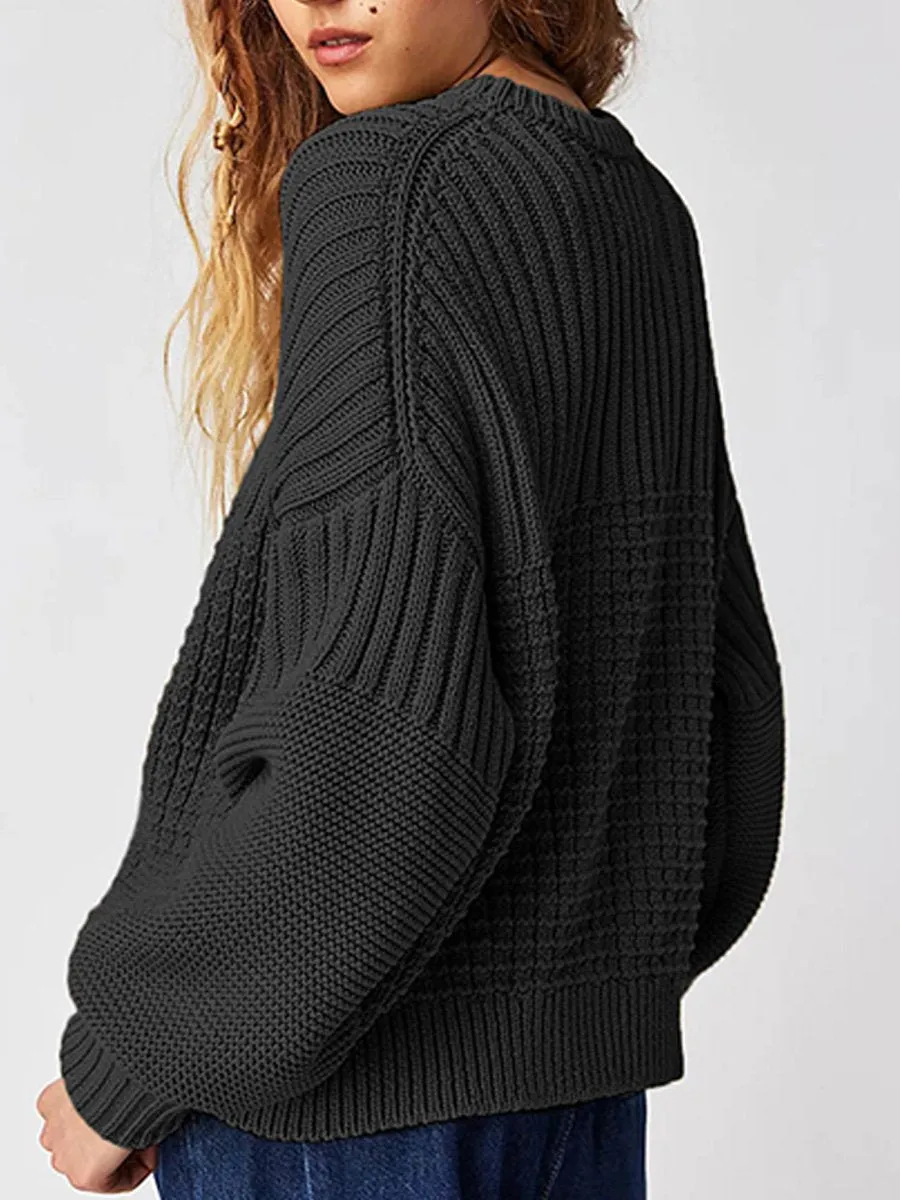 Relaxed Fit Solid Color Round Neck Sweater