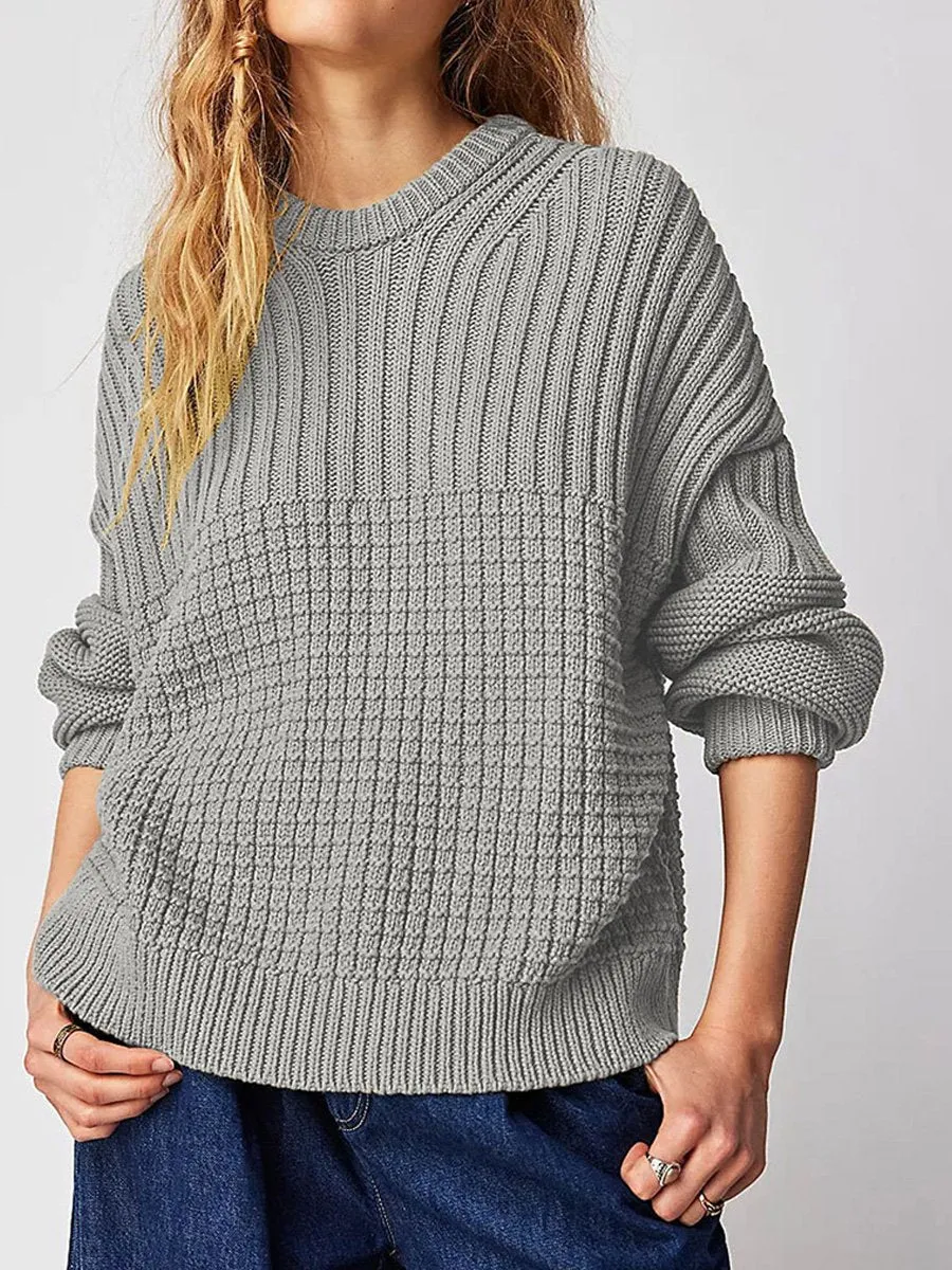 Relaxed Fit Solid Color Round Neck Sweater