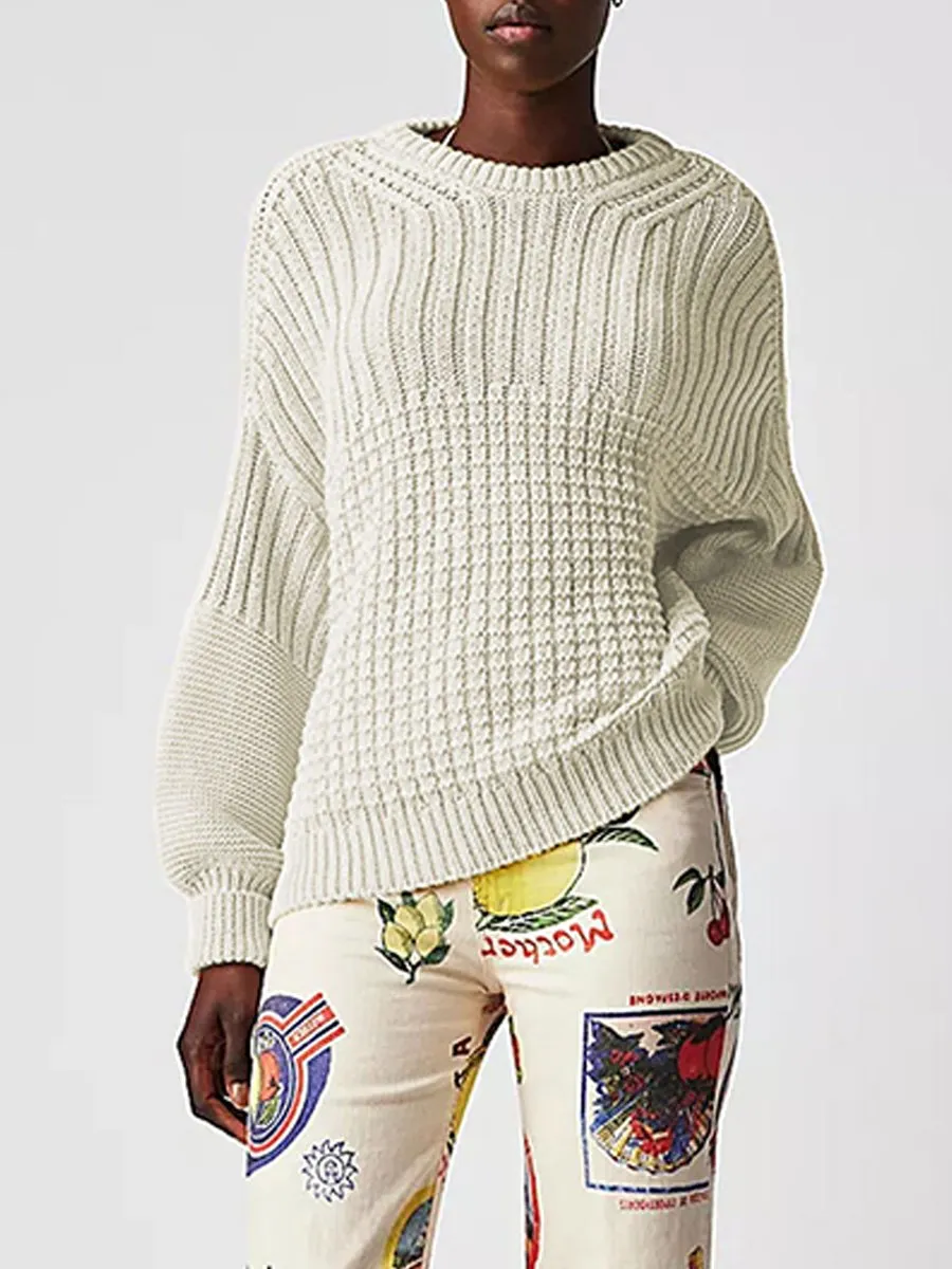 Relaxed Fit Solid Color Round Neck Sweater