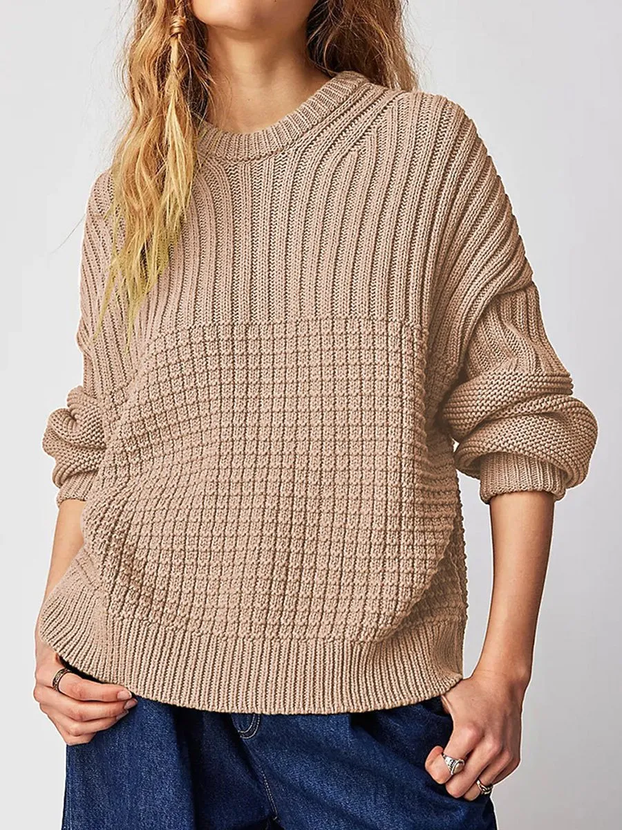 Relaxed Fit Solid Color Round Neck Sweater