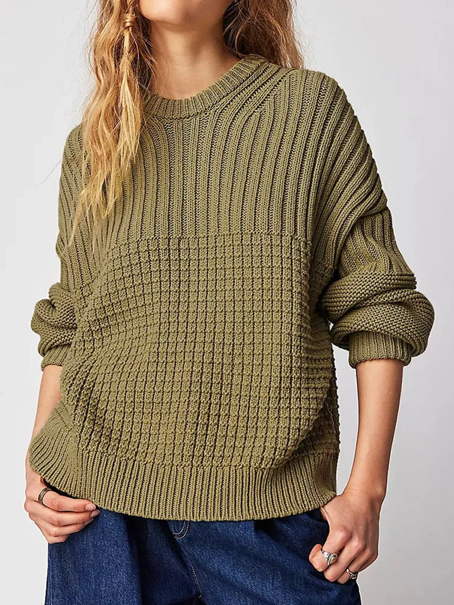 Relaxed Fit Solid Color Round Neck Sweater