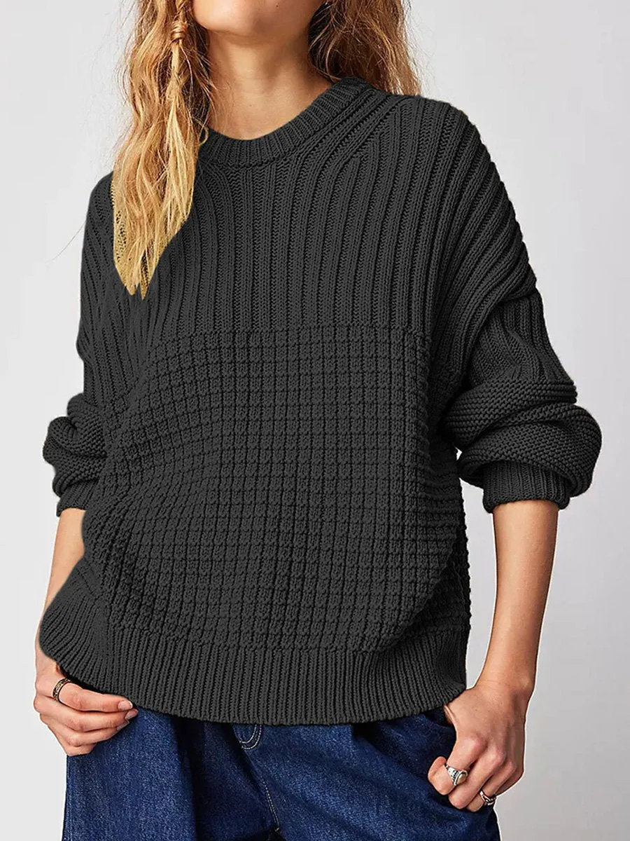 Relaxed Fit Solid Color Round Neck Sweater