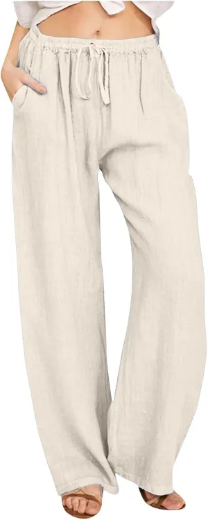 sdbrld Linen Pants Women Summer Trendy Casual High Waist Trousers Drawstring Loose Fit Lightweight Long Palazzo Gauze Pants