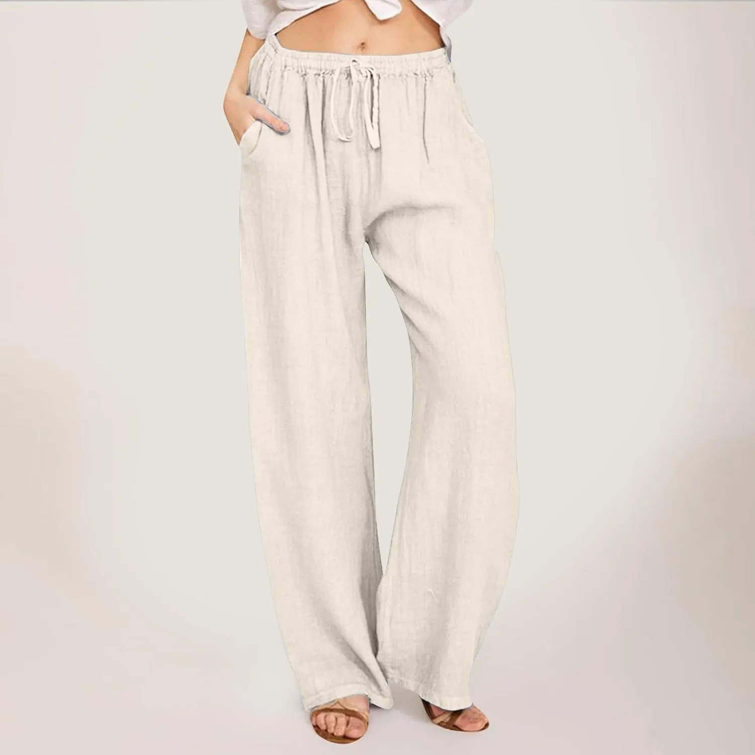 sdbrld Linen Pants Women Summer Trendy Casual High Waist Trousers Drawstring Loose Fit Lightweight Long Palazzo Gauze Pants