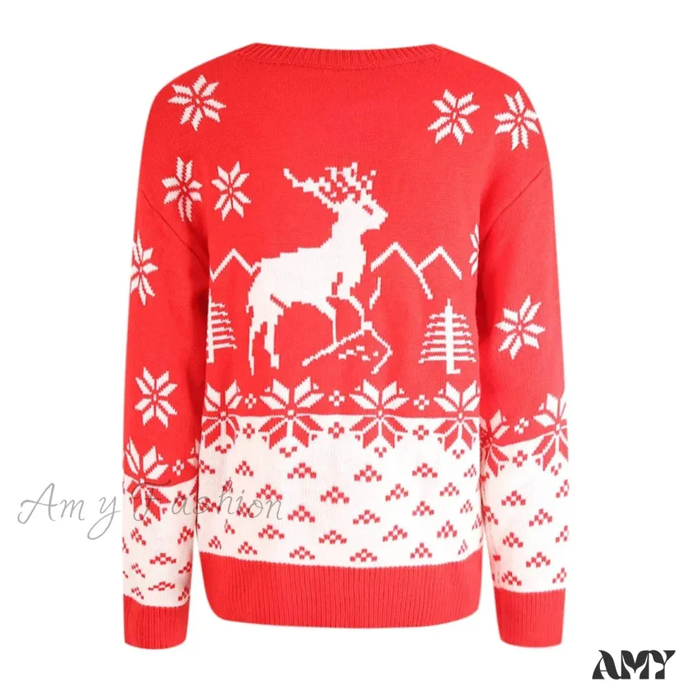 Snowflake Printed Long Sleeve O Neck Ladies Jumper Christmas Sweater