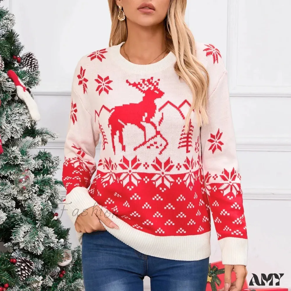 Snowflake Printed Long Sleeve O Neck Ladies Jumper Christmas Sweater