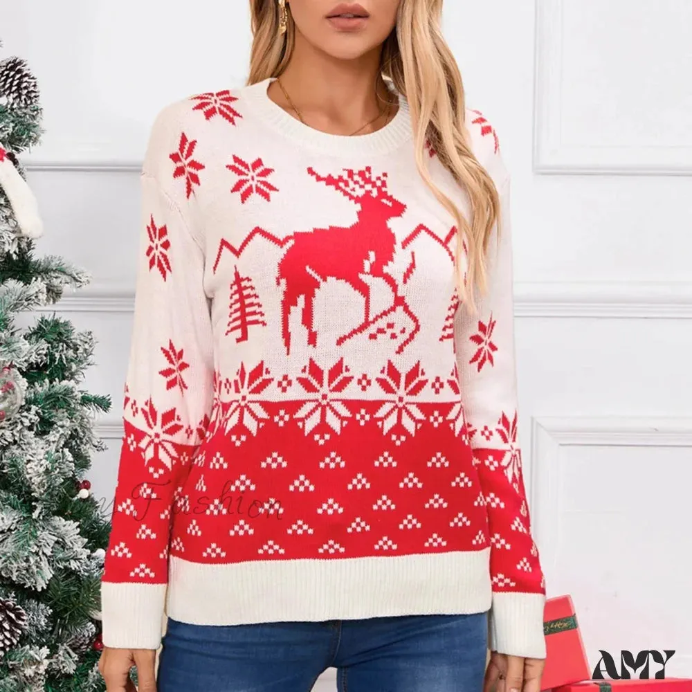Snowflake Printed Long Sleeve O Neck Ladies Jumper Christmas Sweater