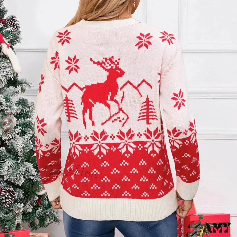 Snowflake Printed Long Sleeve O Neck Ladies Jumper Christmas Sweater