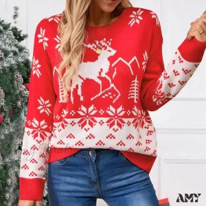 Snowflake Printed Long Sleeve O Neck Ladies Jumper Christmas Sweater