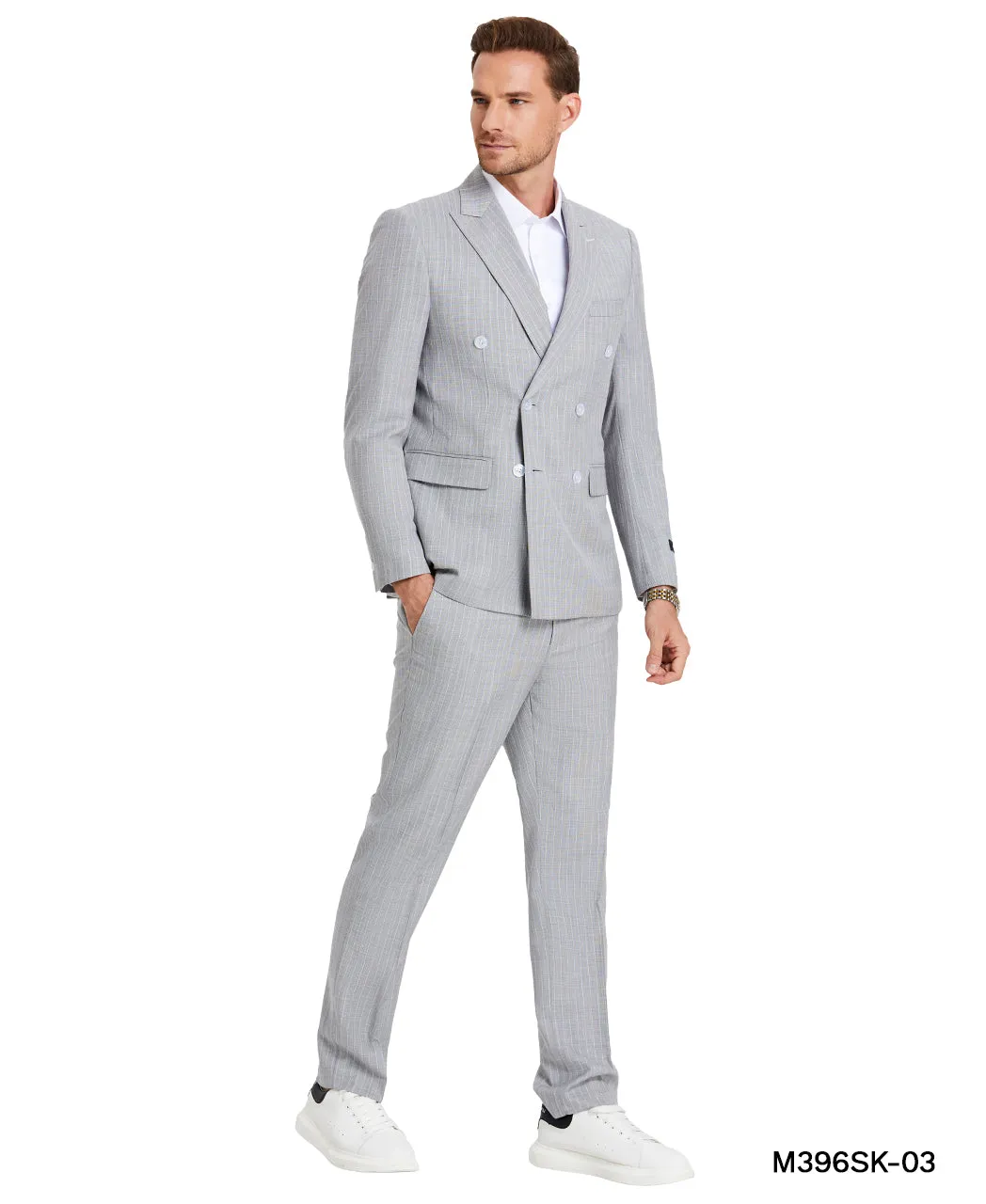 Tazzio Skinny Fit Pinstripe Double-breasted Suit, Light Grey