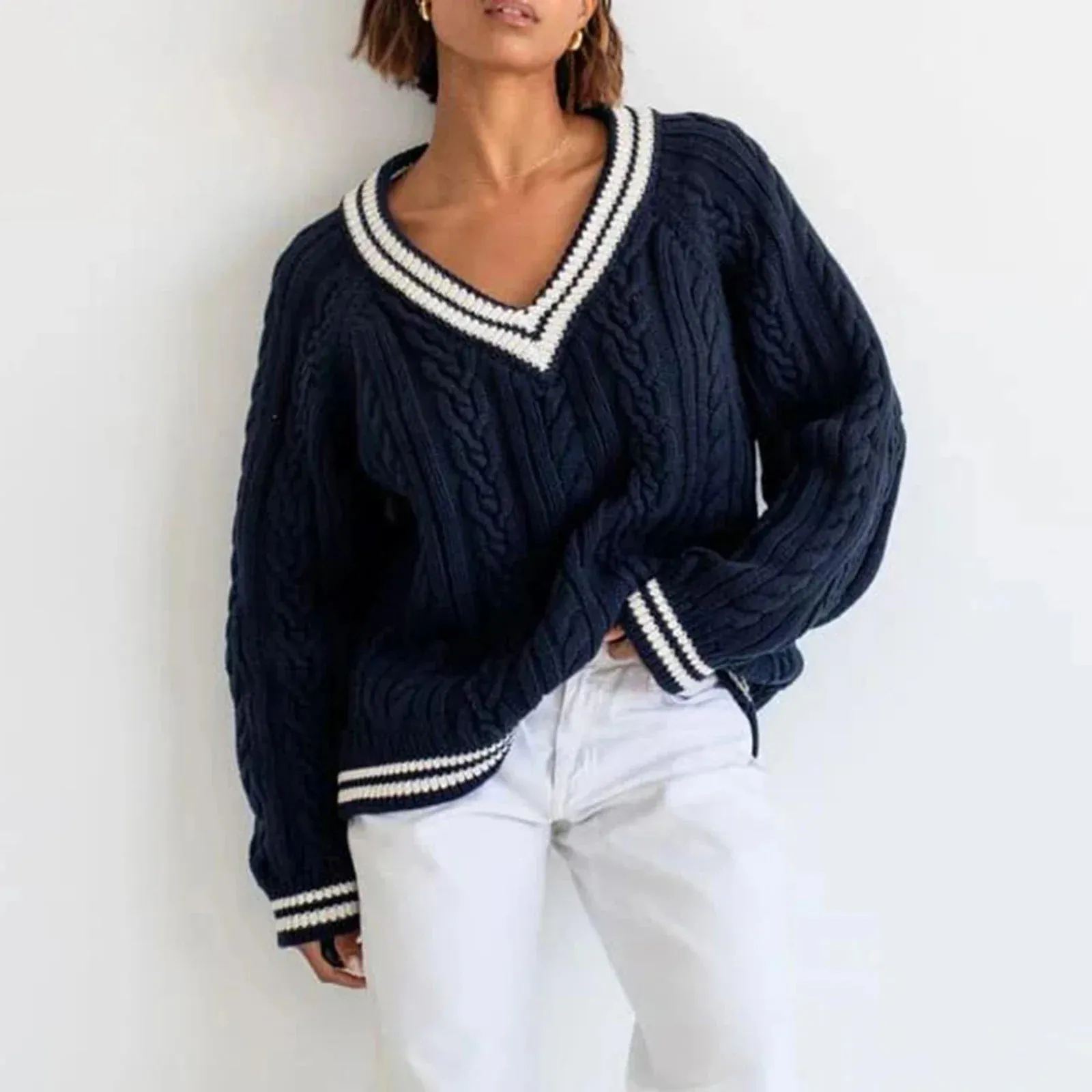 Toleet-Women's Cable Knit Sweater Loose Contrast Trim V Neck Long Sleeve Pullover Tops for Fall Winter Sweaters