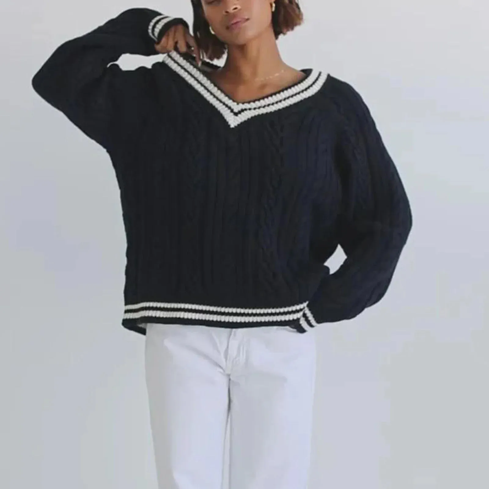 Toleet-Women's Cable Knit Sweater Loose Contrast Trim V Neck Long Sleeve Pullover Tops for Fall Winter Sweaters