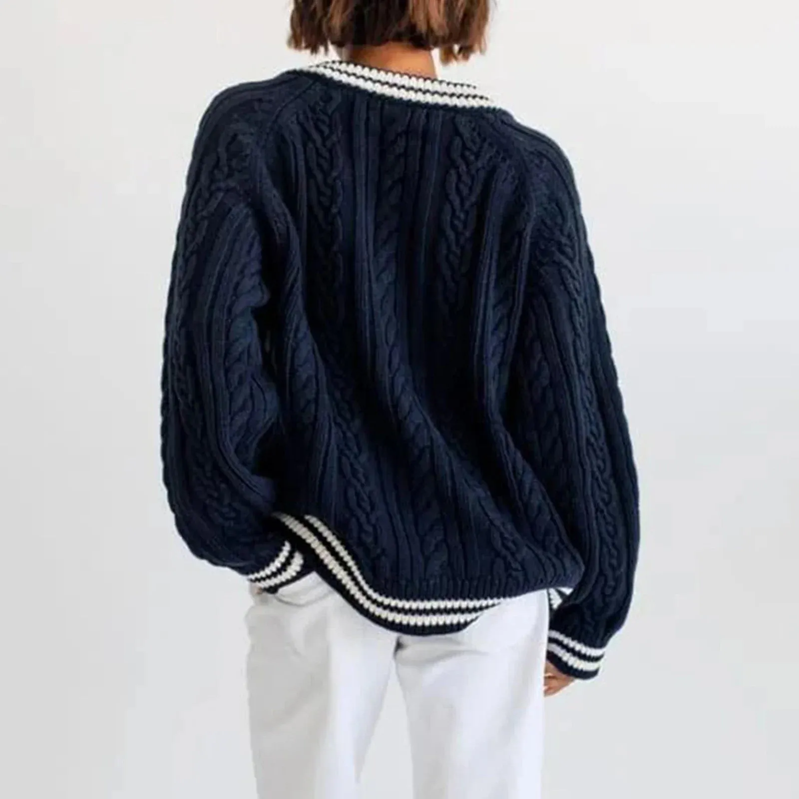 Toleet-Women's Cable Knit Sweater Loose Contrast Trim V Neck Long Sleeve Pullover Tops for Fall Winter Sweaters