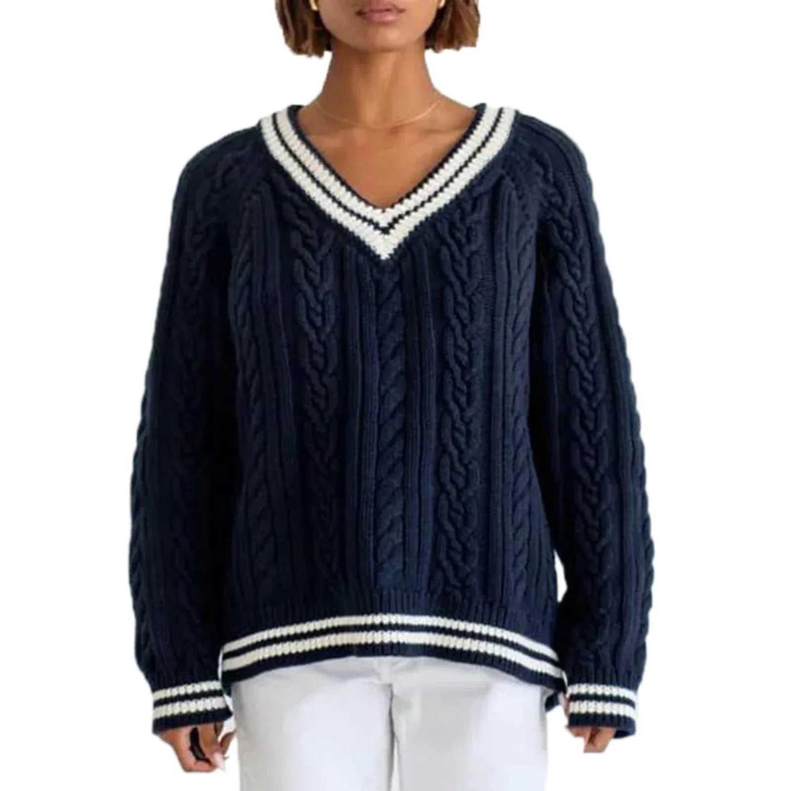 Toleet-Women's Cable Knit Sweater Loose Contrast Trim V Neck Long Sleeve Pullover Tops for Fall Winter Sweaters