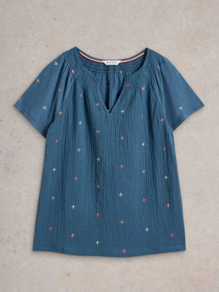 White Stuff Luella Embroidered Top - Navy Multi