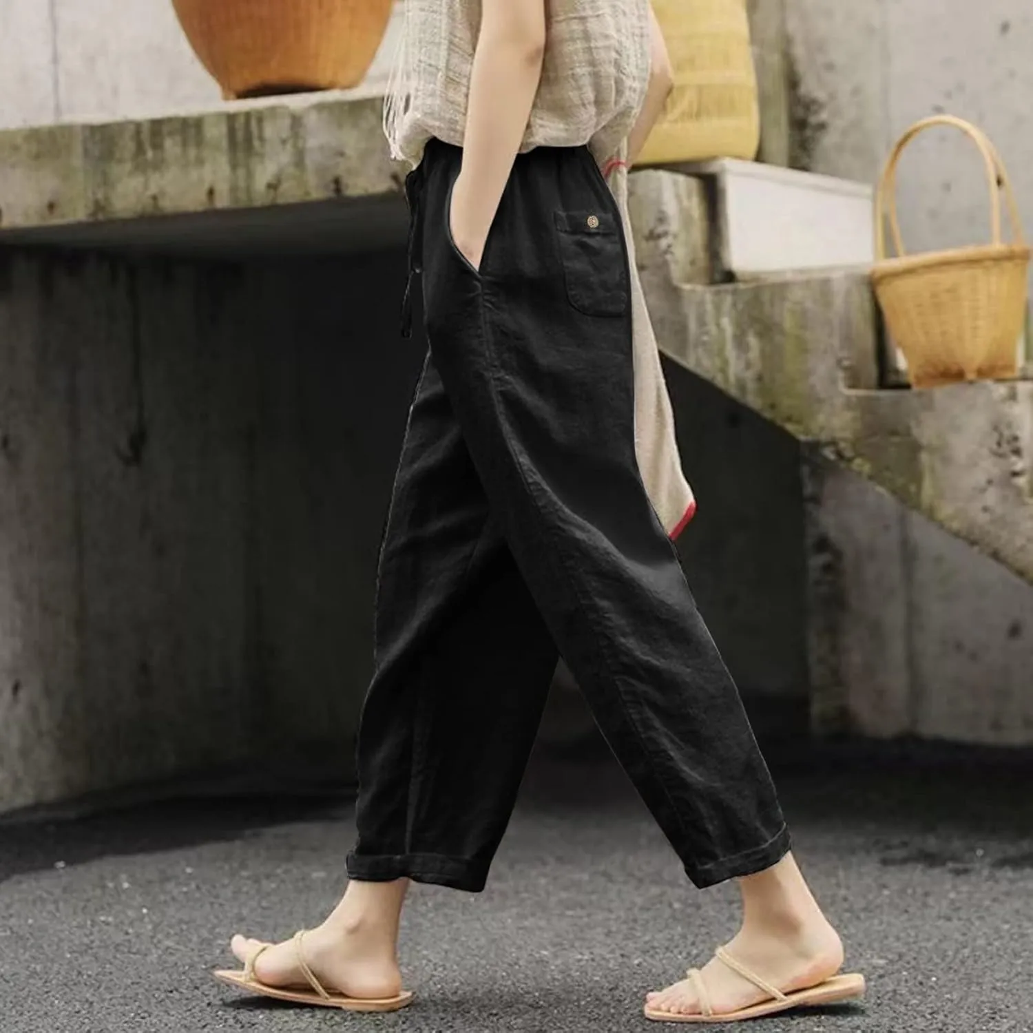 Womens Linen Pants Baggy Casual Summer Boho Straight Leg Solid Color High Waist Linen Pants Straight Trousers with Pockets