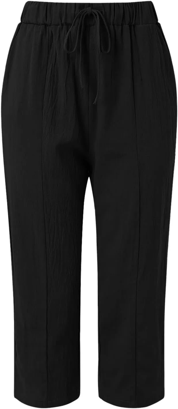 Womens Linen Pants Baggy Casual Summer Boho Straight Leg Solid Color High Waist Linen Pants Straight Trousers with Pockets