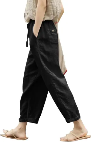 Womens Linen Pants Baggy Casual Summer Boho Straight Leg Solid Color High Waist Linen Pants Straight Trousers with Pockets