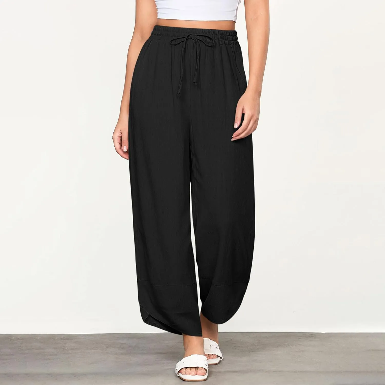 Women's Linen Wide Leg Pants High Waisted Loose Beach Palazzo Pants Summer Drawstring Cropped Trouser with Pockets