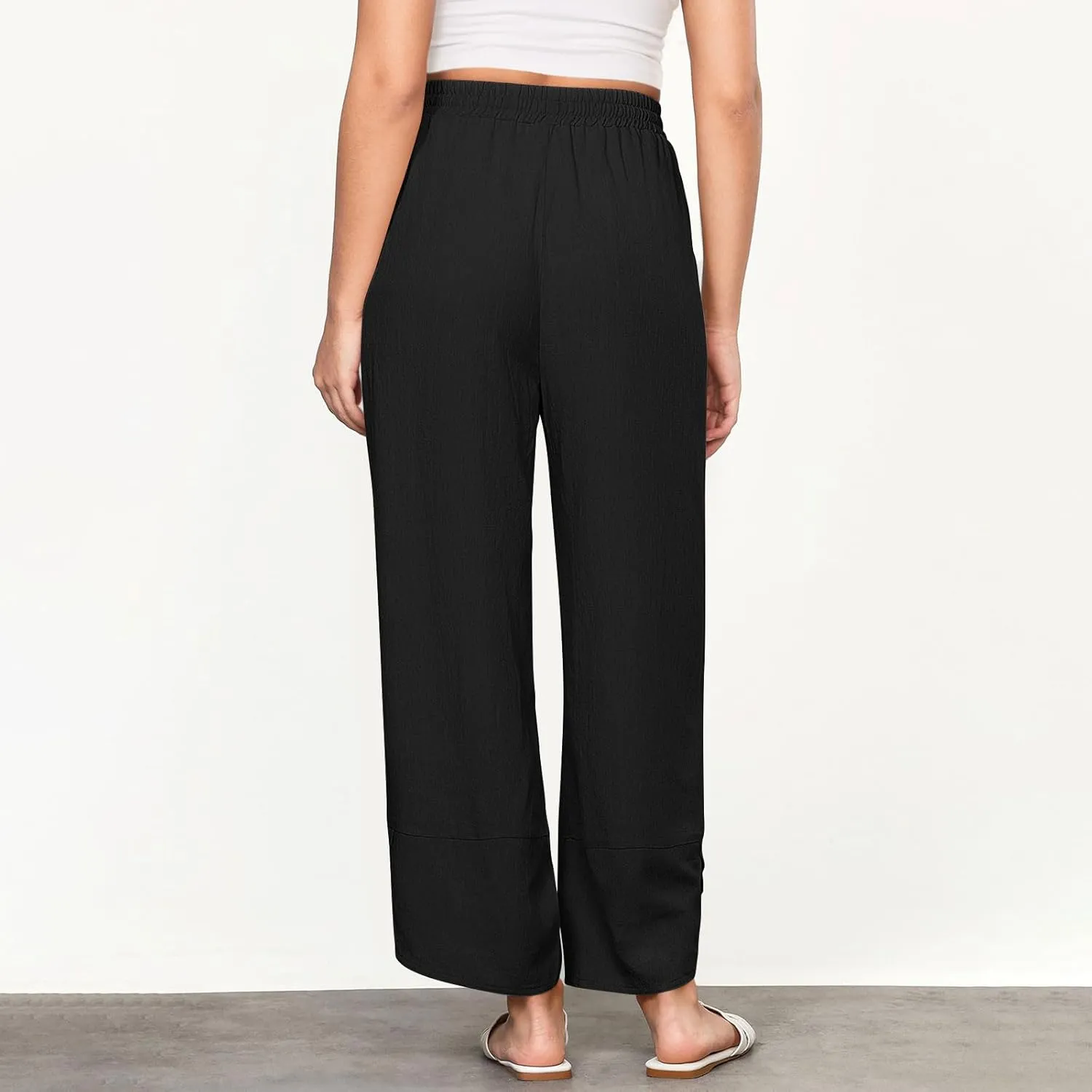 Women's Linen Wide Leg Pants High Waisted Loose Beach Palazzo Pants Summer Drawstring Cropped Trouser with Pockets