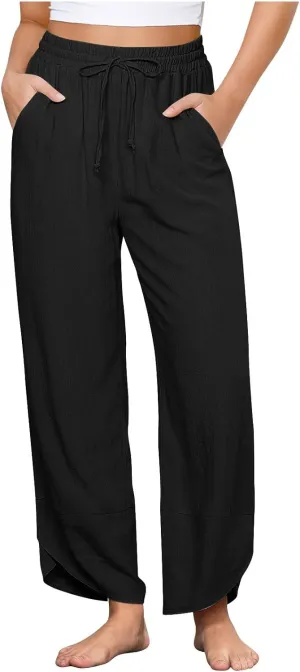 Women's Linen Wide Leg Pants High Waisted Loose Beach Palazzo Pants Summer Drawstring Cropped Trouser with Pockets