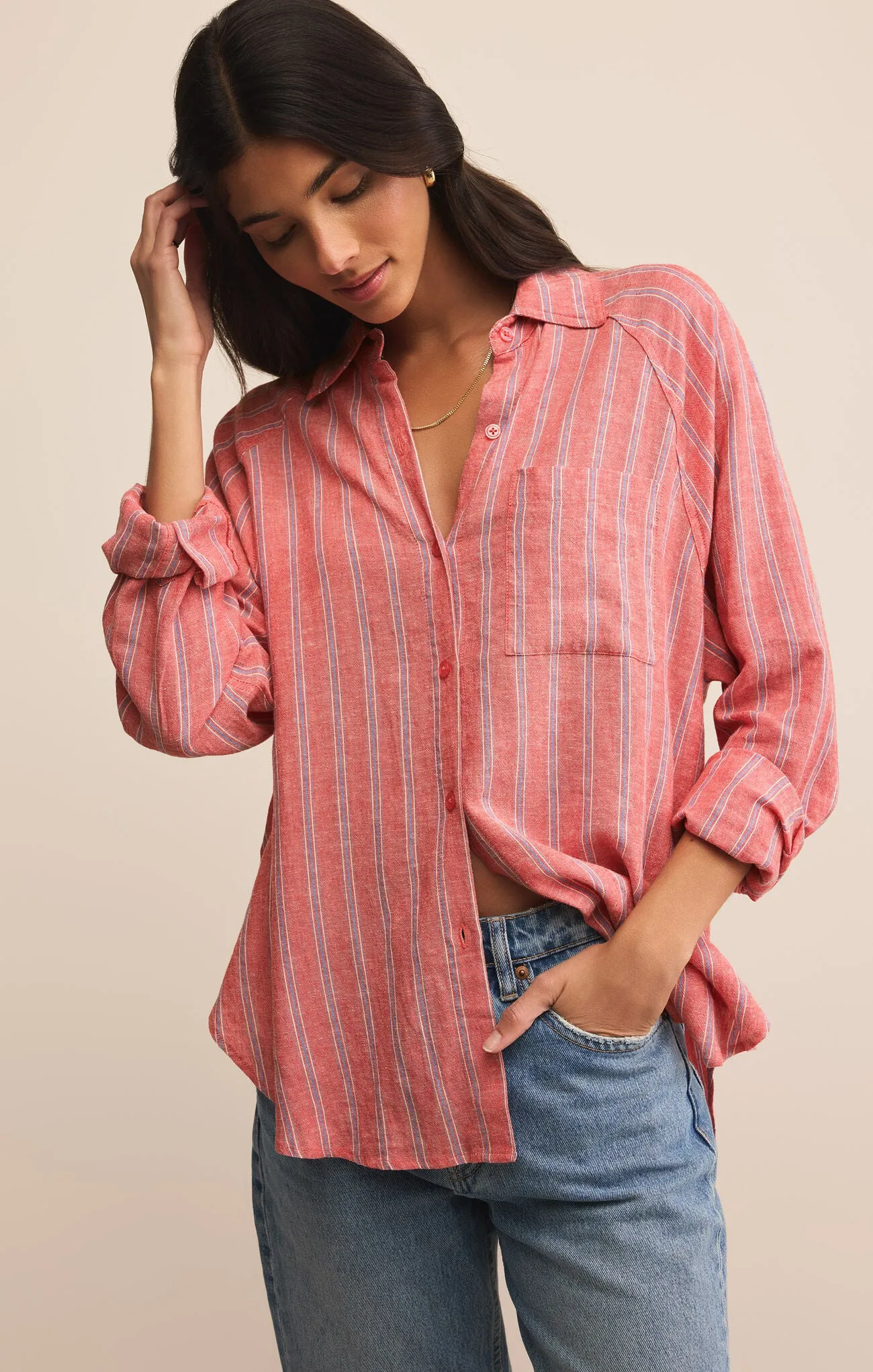 Z Supply Perfect Linen Stripe Top in Persimmon